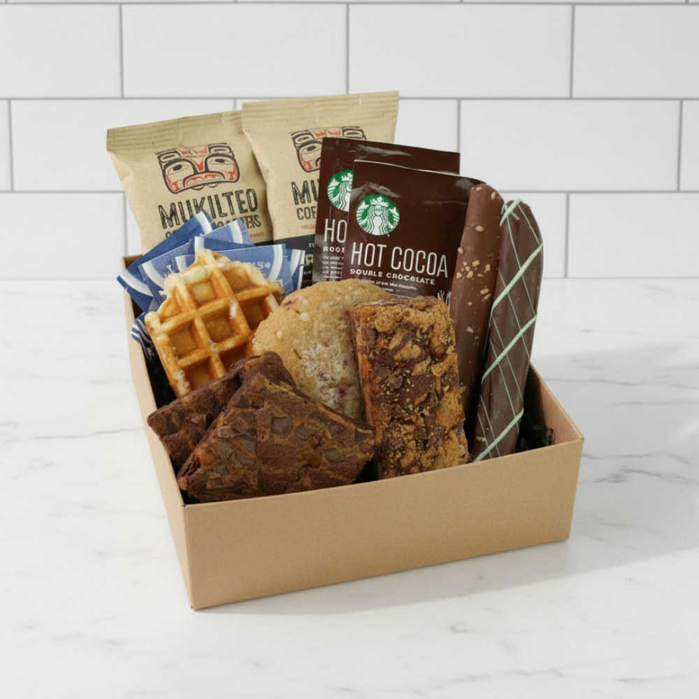 Box of snacks including waffles, hot cocoa mix, and cookies on a white background