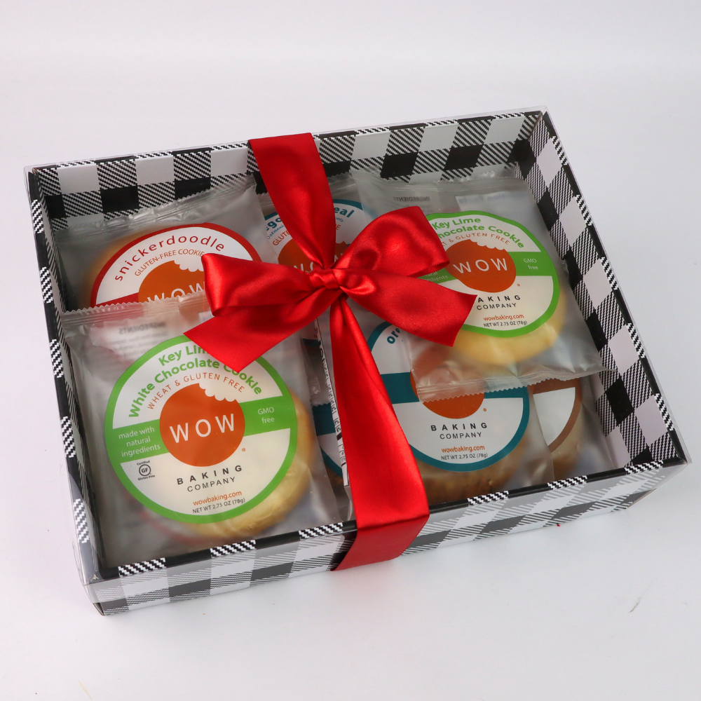 Gluten free cookie gift box with clear lid and ribbon featuring WOW Baking Company cookies, a thoughtful Washington state gift basket option for clients and employees