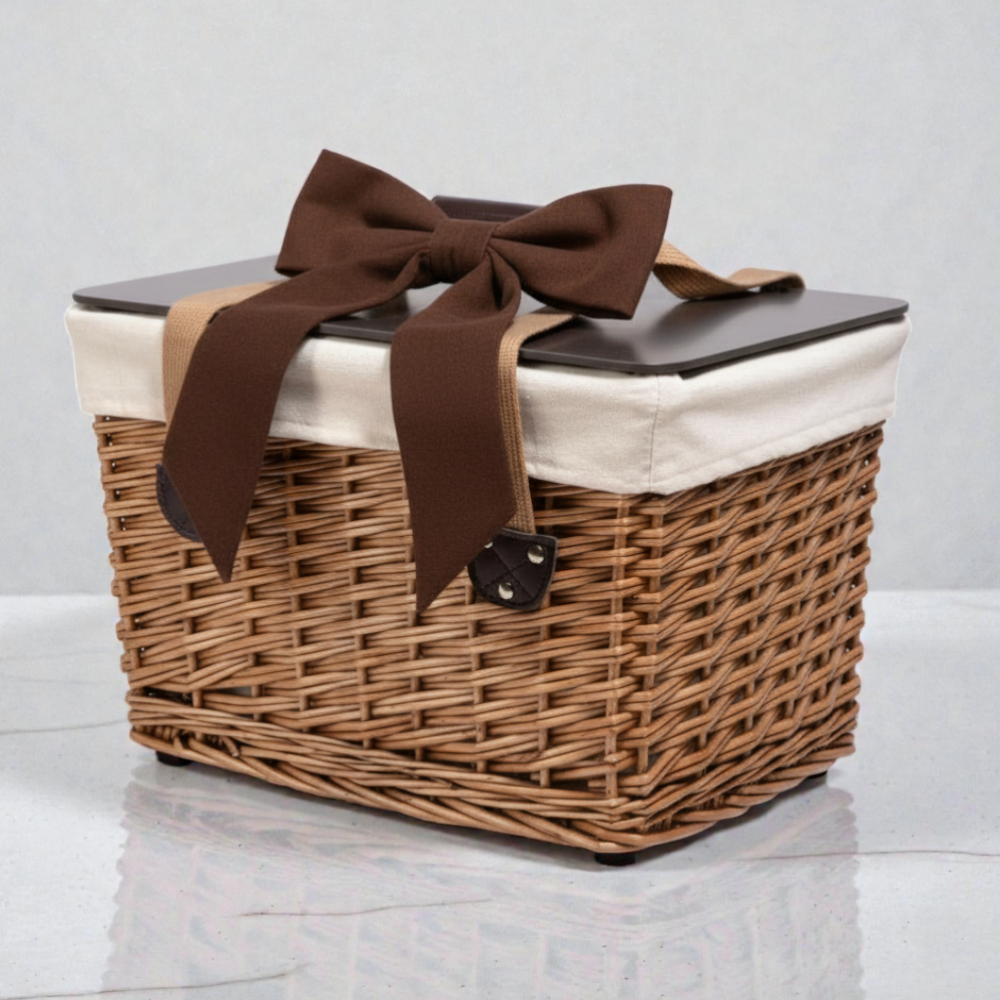 Wicker picnic basket with a brown lid and decorative bow on a white background