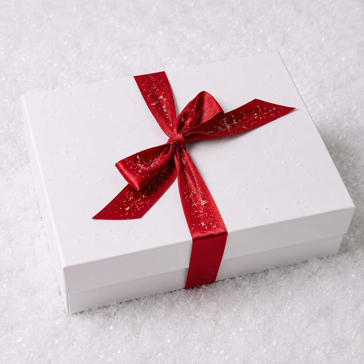 A white rectangular gift box tied with a shiny red ribbon in a bow, placed on a textured white surface.
