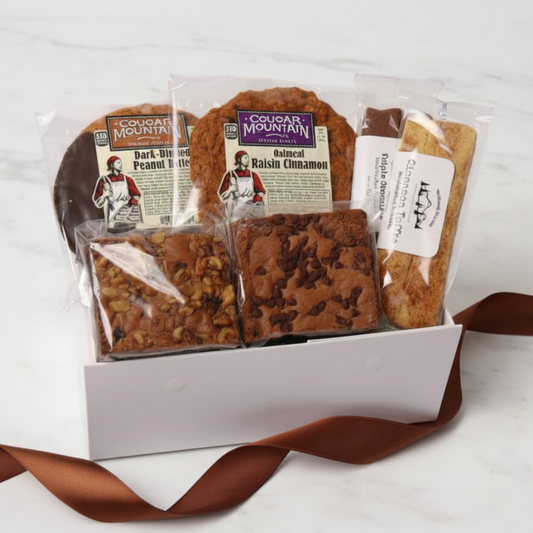 fresh bakery gift box with oversized cookies, chocolate brownies and biscotti
