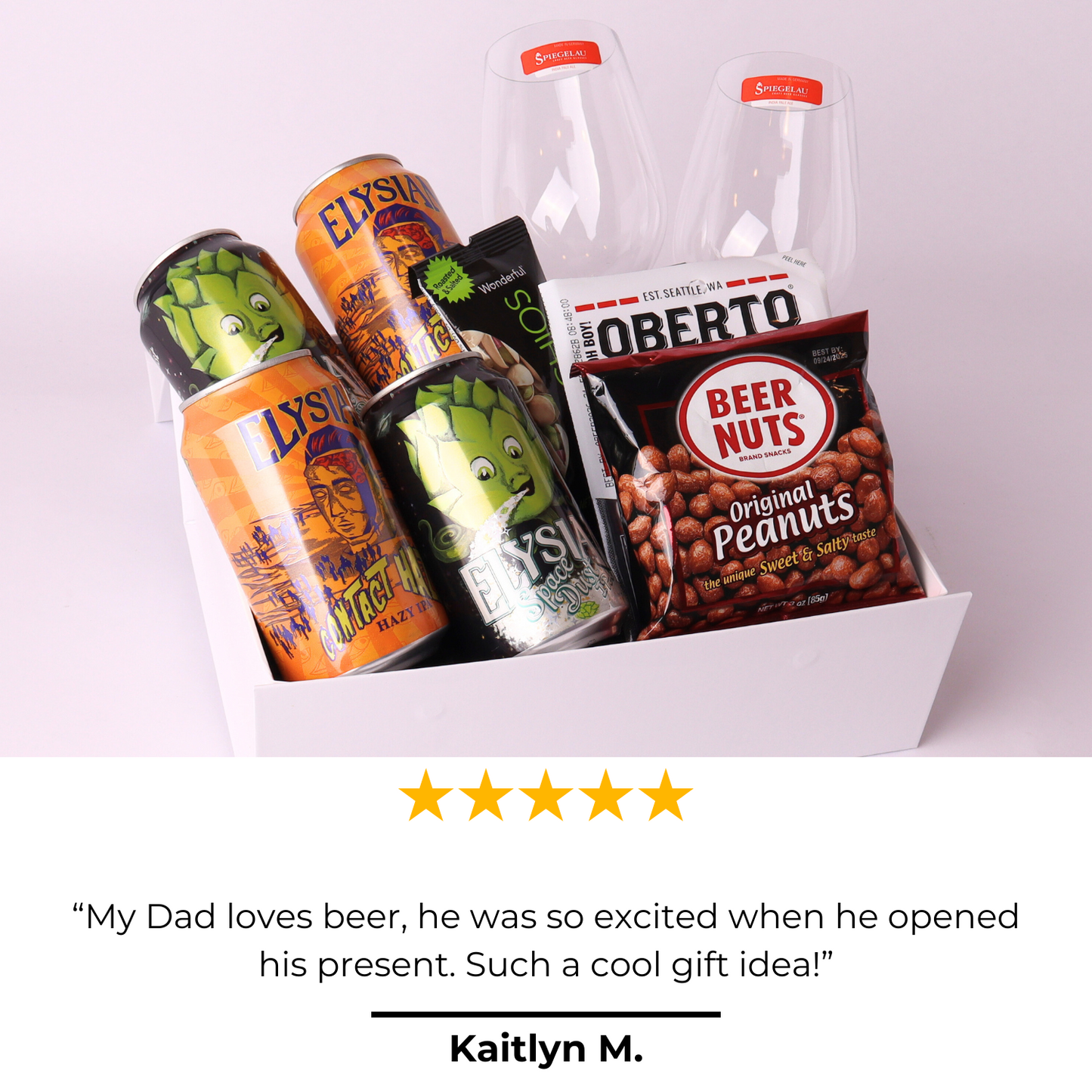 IPA Sampler gift box with five-star review; includes local Seattle beer, snacks, and craft beer glasses.