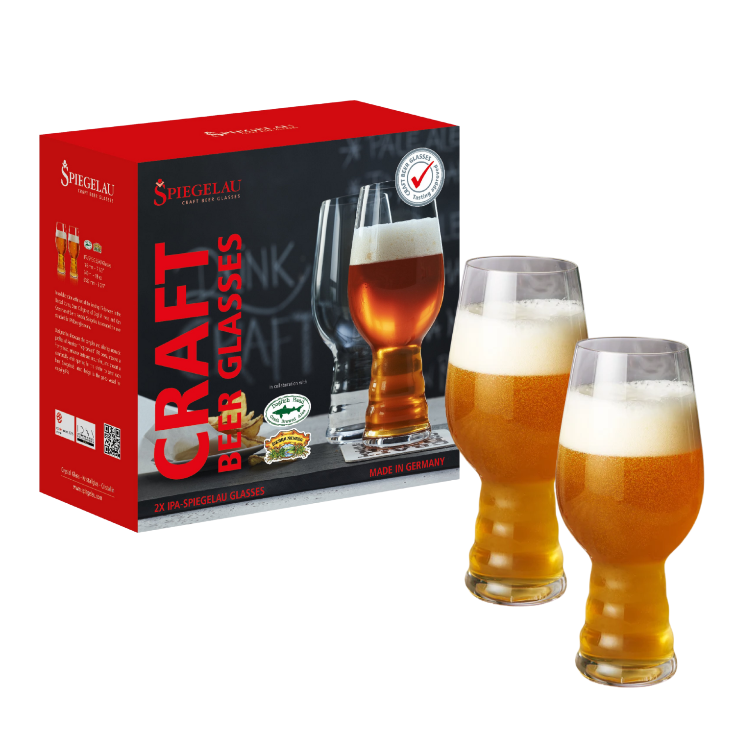 Box of two Spiegelau IPA craft beer glasses made in Germany, included in the IPA Sampler gift basket.