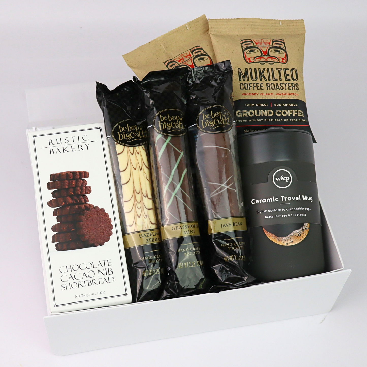 Gift set with Rustic Bakery shortbread, Biscotti, and Mukilteo Coffee Roasters coffee products.