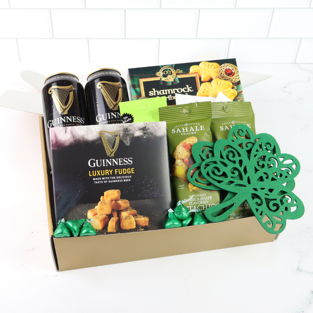 Irish themed St Patrick’s Day gift basket with gourmet snacks designed for corporate holiday gifting, private label gift programs and nationwide fulfillment