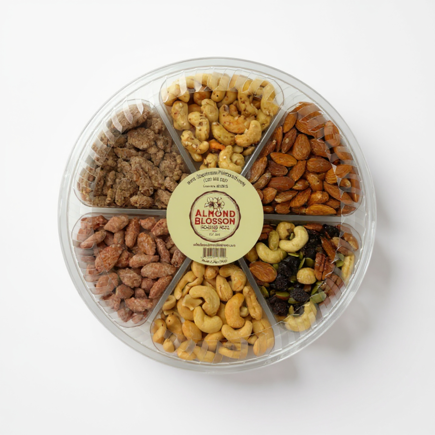 Assorted gourmet nut tray with red ribbon, perfect client appreciation or office snack gift.