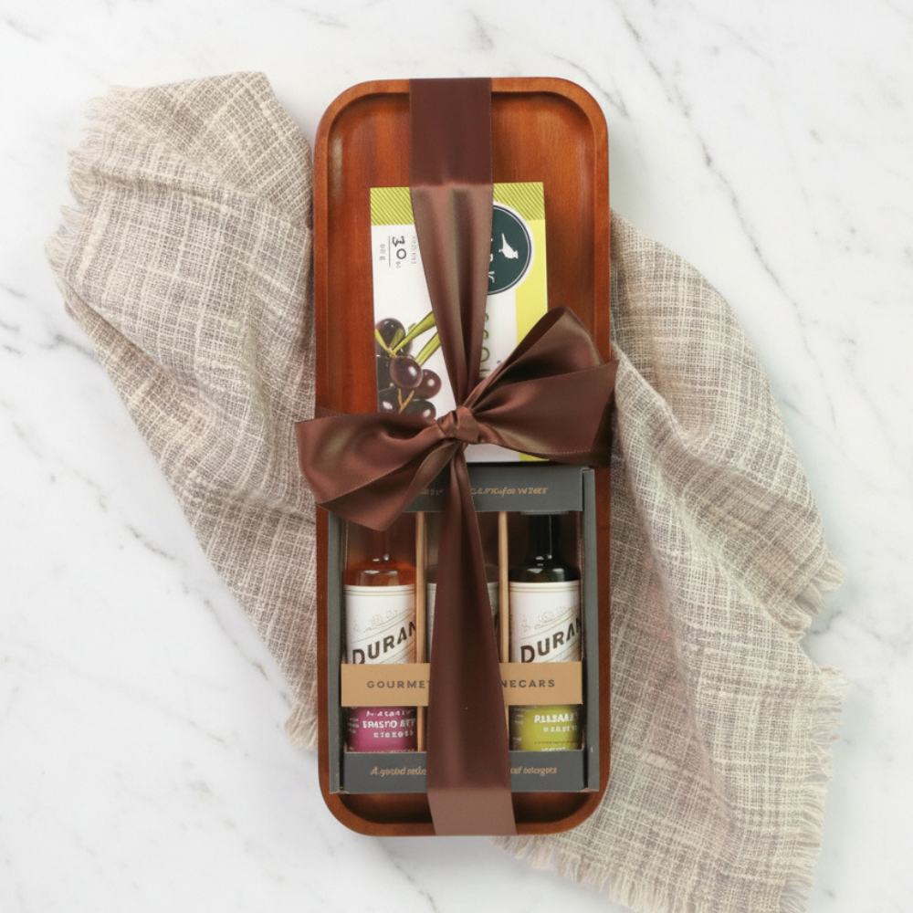 Gift set with olive oil and vinegar bottles in a wooden tray on a textured fabric background