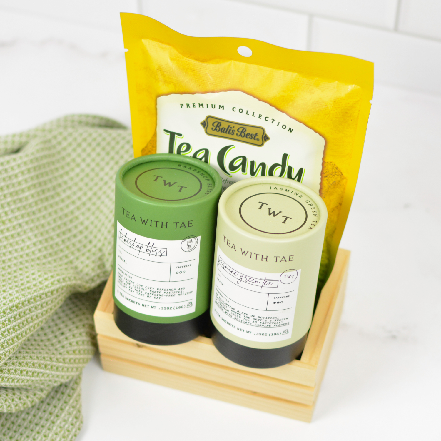 personal tea gift set with green tea herbal tea and candies