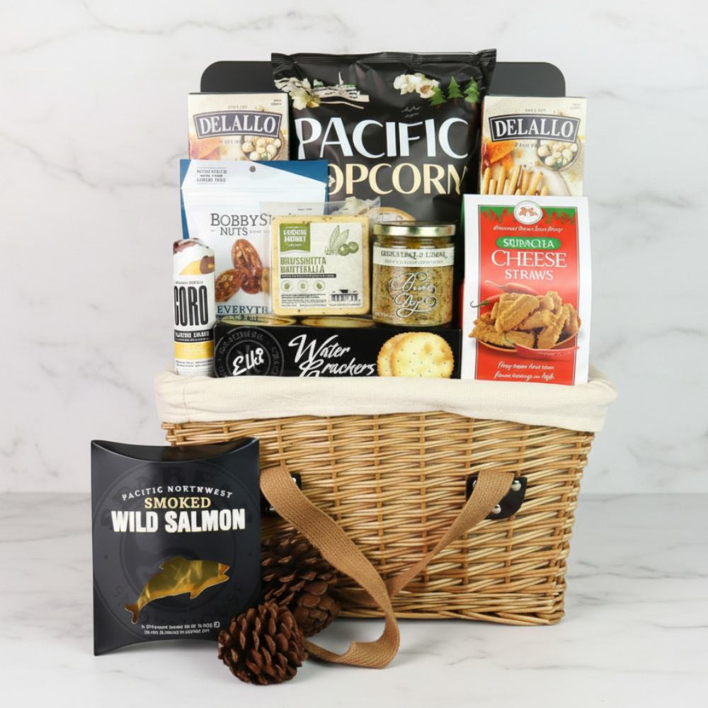 premium picnic gift basket with luxury snacks including cheese, crackers, smoked salmon, salami and dip