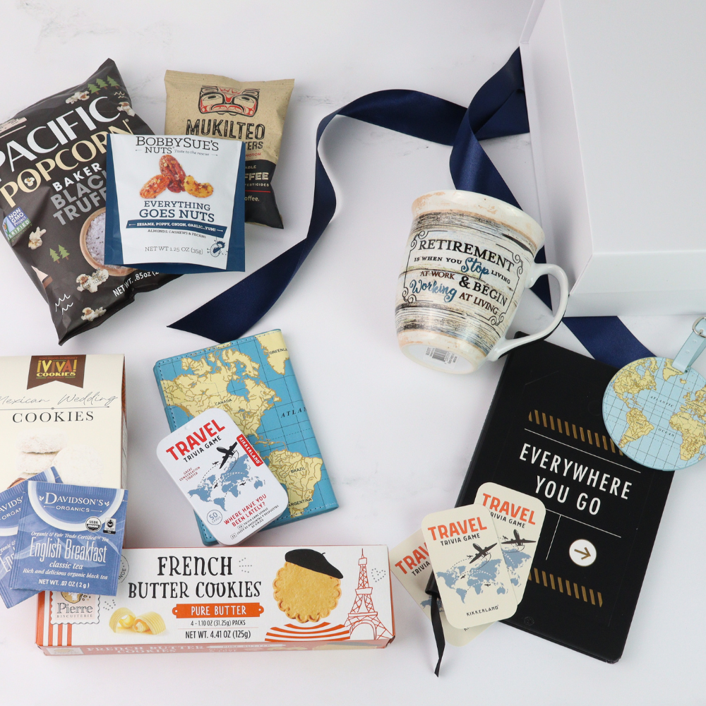 Collection of travel-themed snacks and mementos on a white background