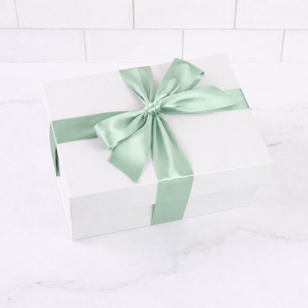 luxury white gift box with satin sage bow